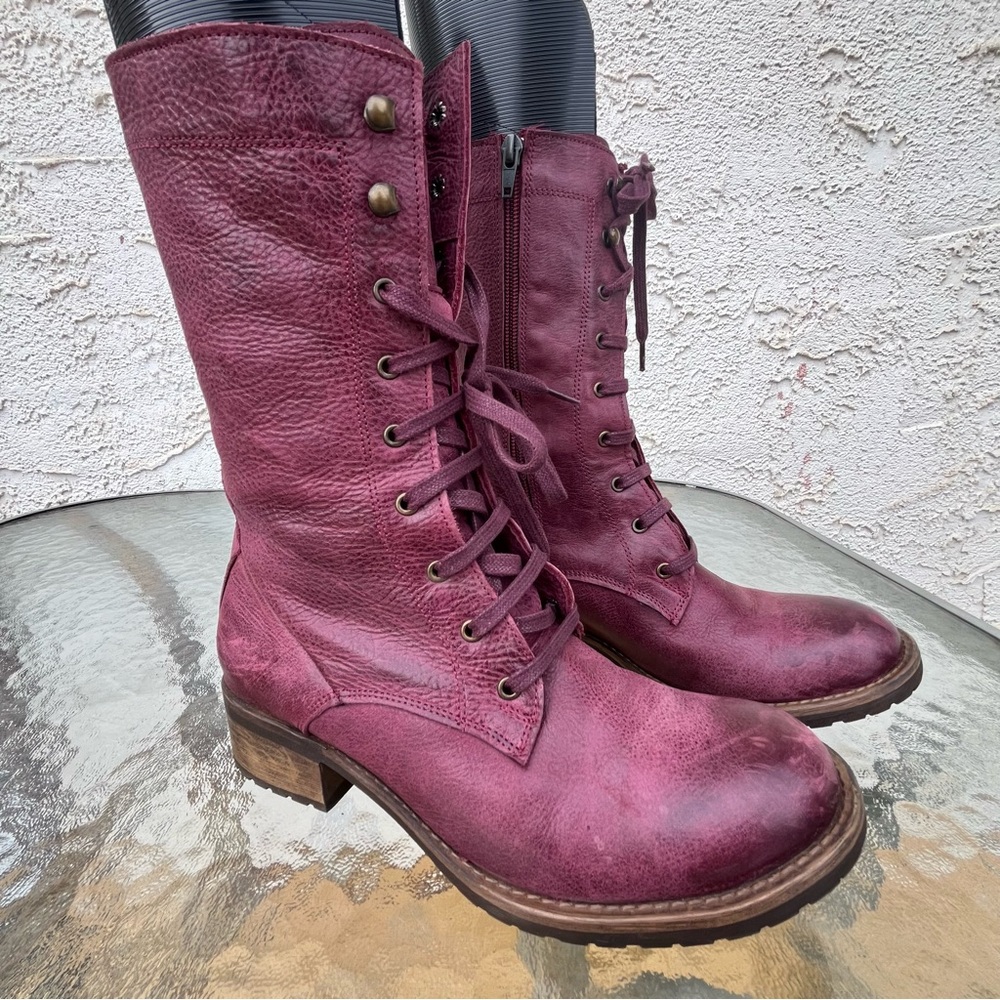 Bueno Casey Burgundy Leather Moto Combat Tall Lace Up Side Zip Boots